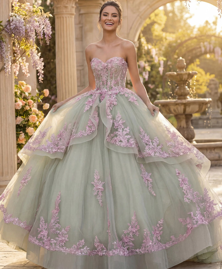 Jovani Q45685 Ball Gown with Pink Floral Appliqués