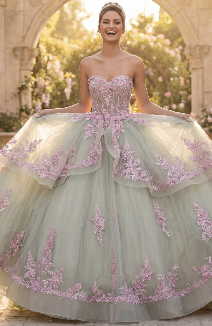 Jovani Q45685 Ball Gown with Pink Floral Appliqués
