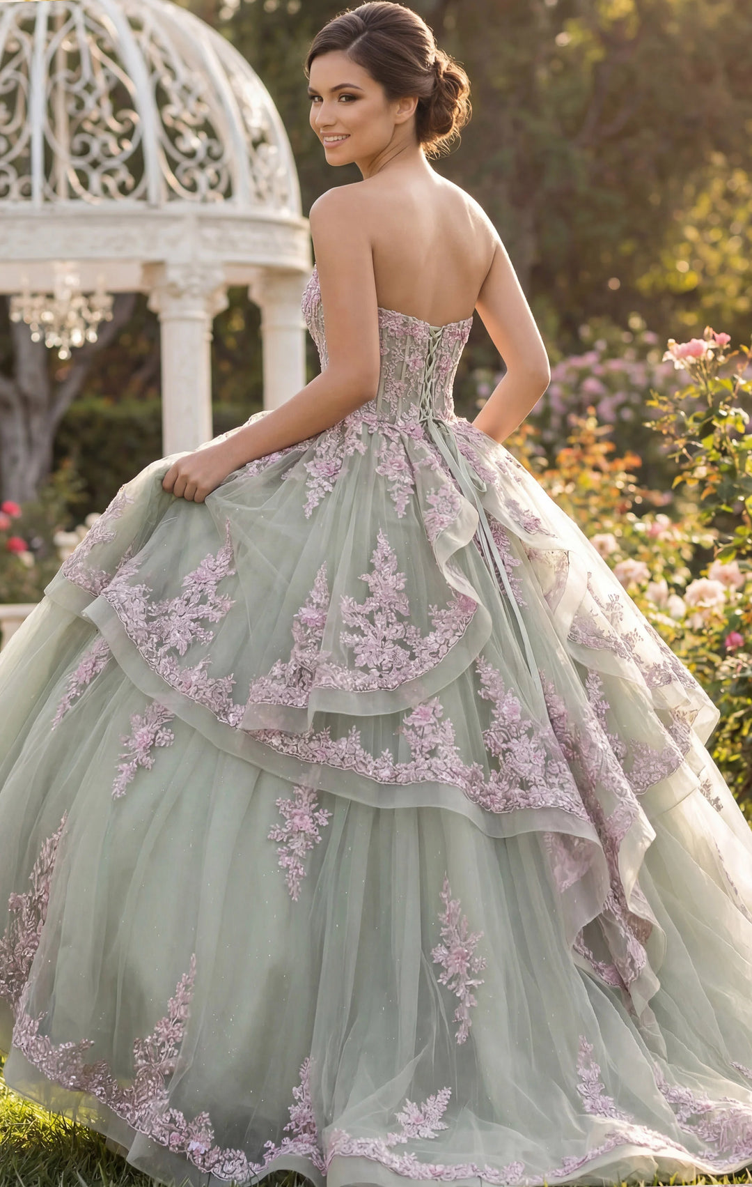 Jovani Q45685 Ball Gown with Pink Floral Appliqués