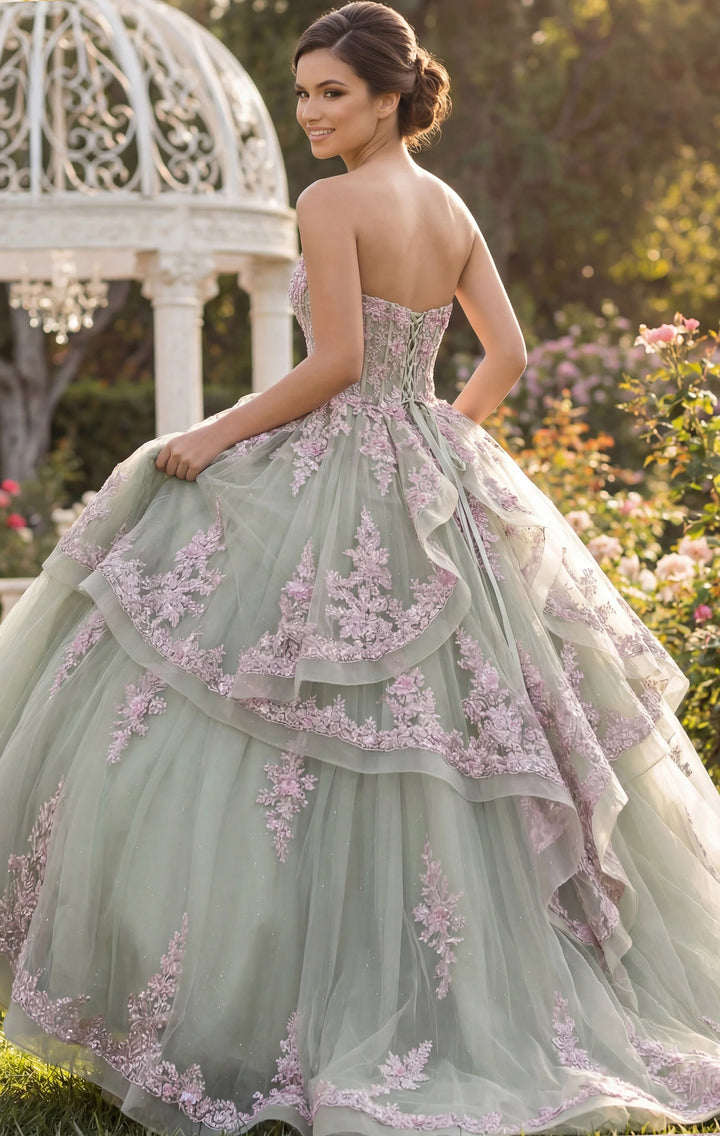 Jovani Q45685 Ball Gown with Pink Floral Appliqués