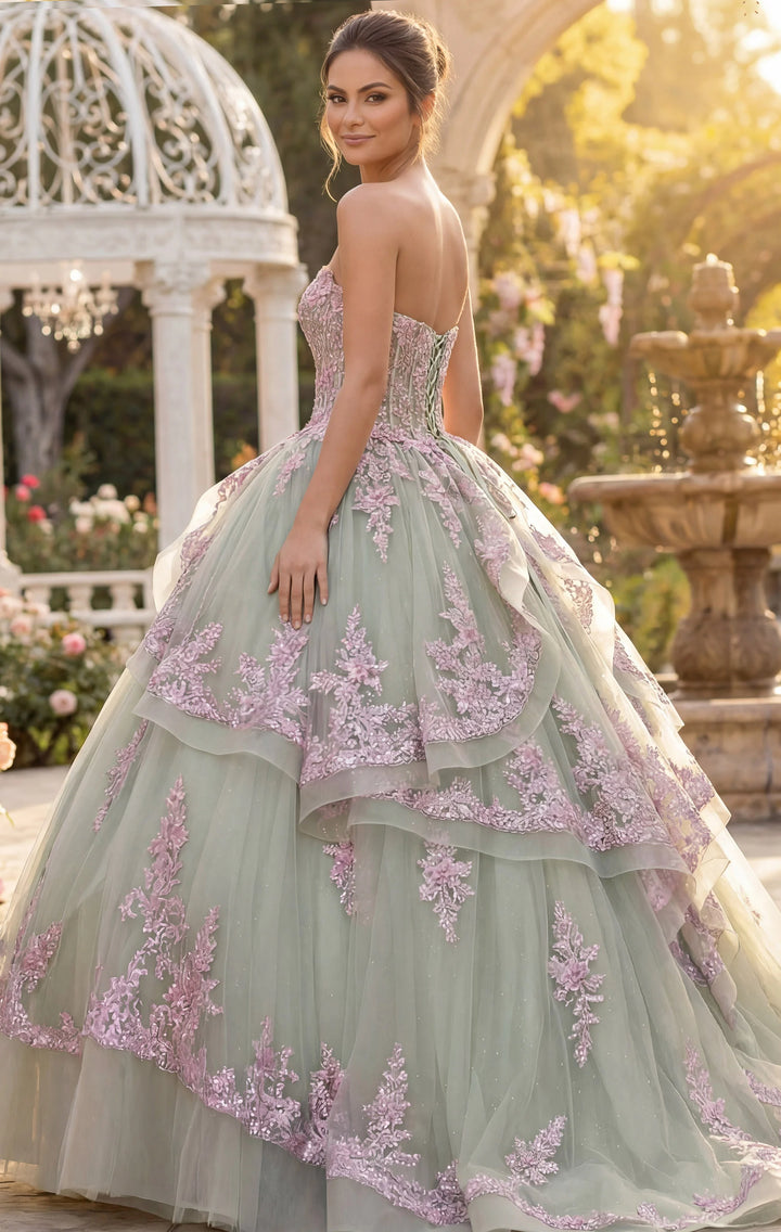 Jovani Q45685 Ball Gown with Pink Floral Appliqués