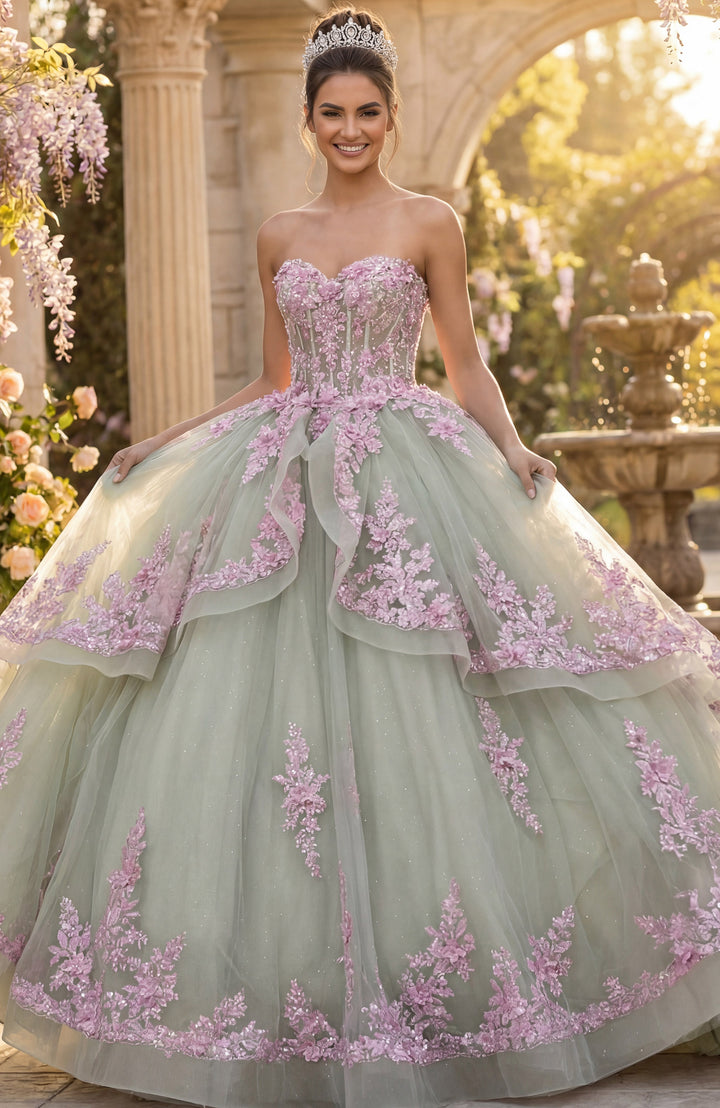 Jovani Q45685 Ball Gown with Pink Floral Appliqués