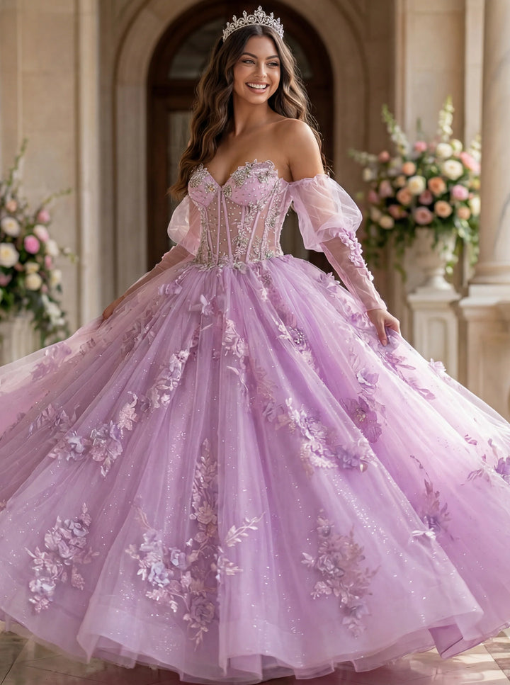 Jovani Q46664 Ball Gown with Sheer Corset and Floral Lace