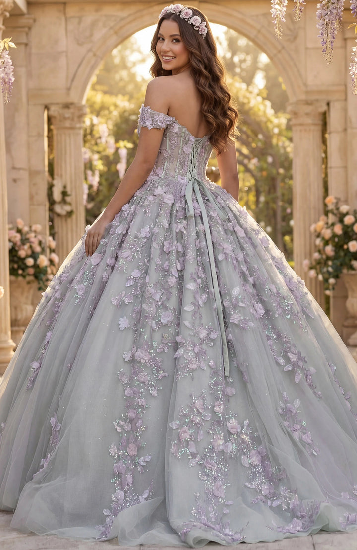 Jovani Q46665 Off Shoulder Ball Gown with 3D Floral Appliqué