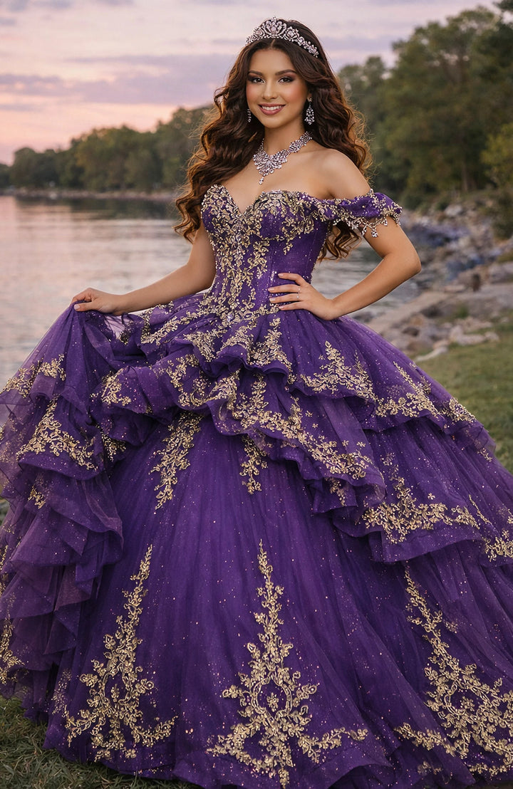 Jovani Q48439 Off-Shoulder Gold Embroidery Structured Quinceañera Dress