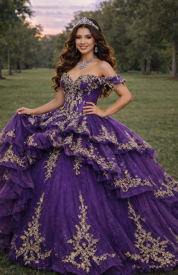 Jovani Q48439 Off-Shoulder Gold Embroidery Structured Quinceañera Dress
