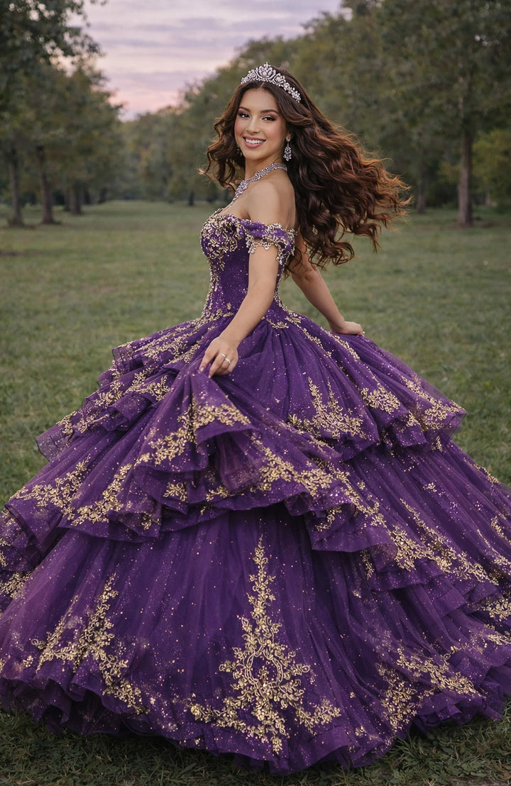 Jovani Q48439 Off-Shoulder Gold Embroidery Structured Quinceañera Dress