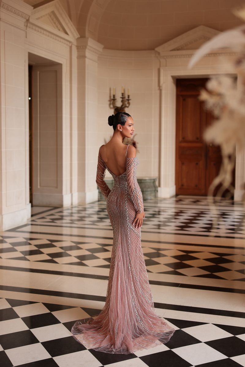 Chic & Holland HF110638 Cold Shoulder Sweetheart Neckline Long Sleeves Linear Beaded Sheath Couture Dress
