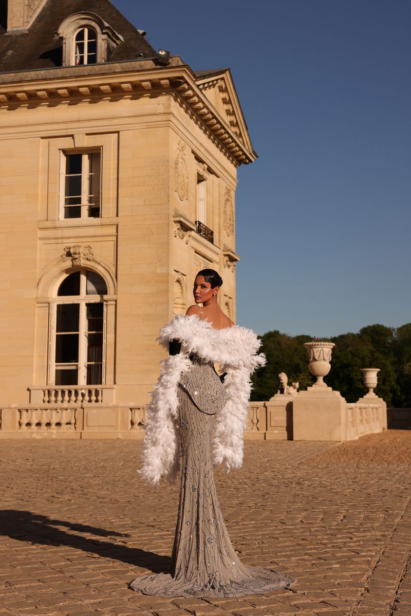 Chic & Holland HF110706 Feather Boa Peplum Couture Dress
