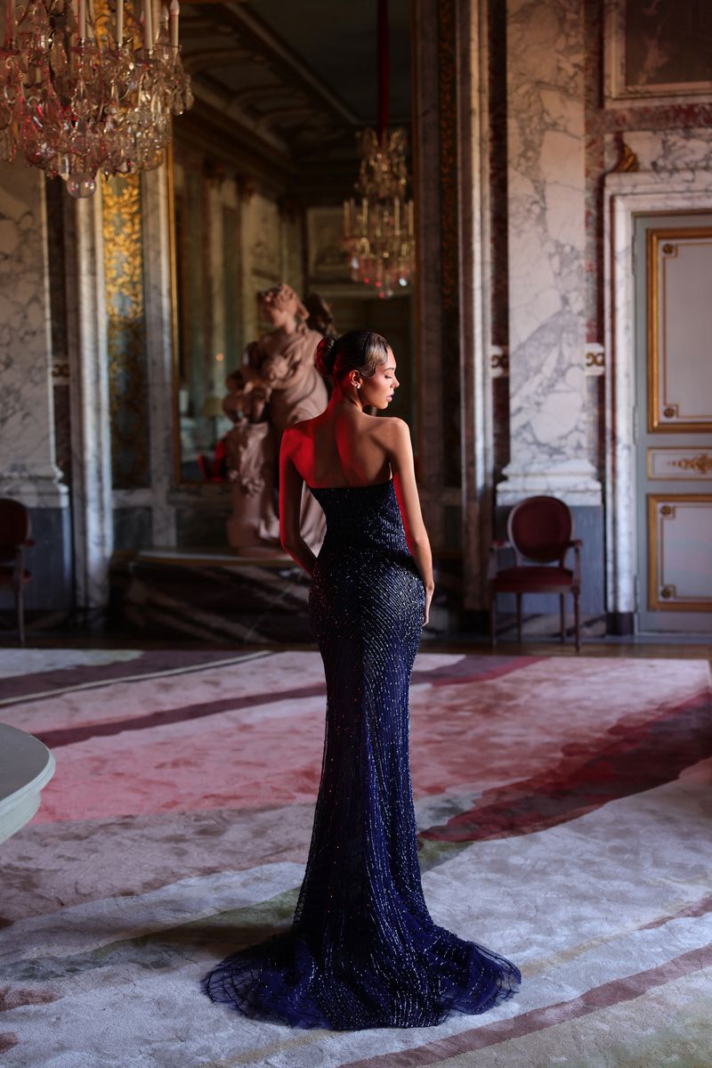Chic & Holland HF110650 Strapless Sweetheart Crystal Trim Linear Beaded Sheath Couture Dress