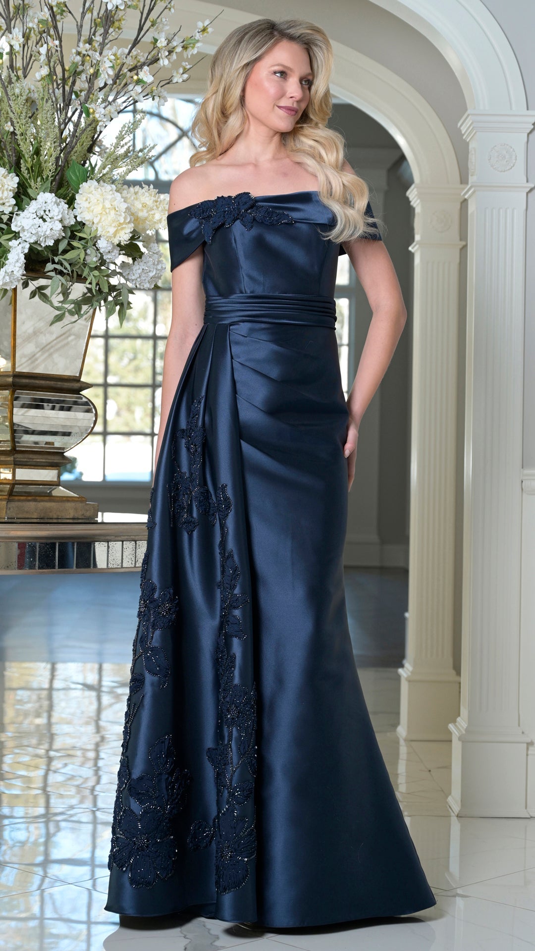 Rina Di Montella RD3504-1 Off-the-Shoulder Cap Sleeve Floor-Length Mother of the Bride Dress