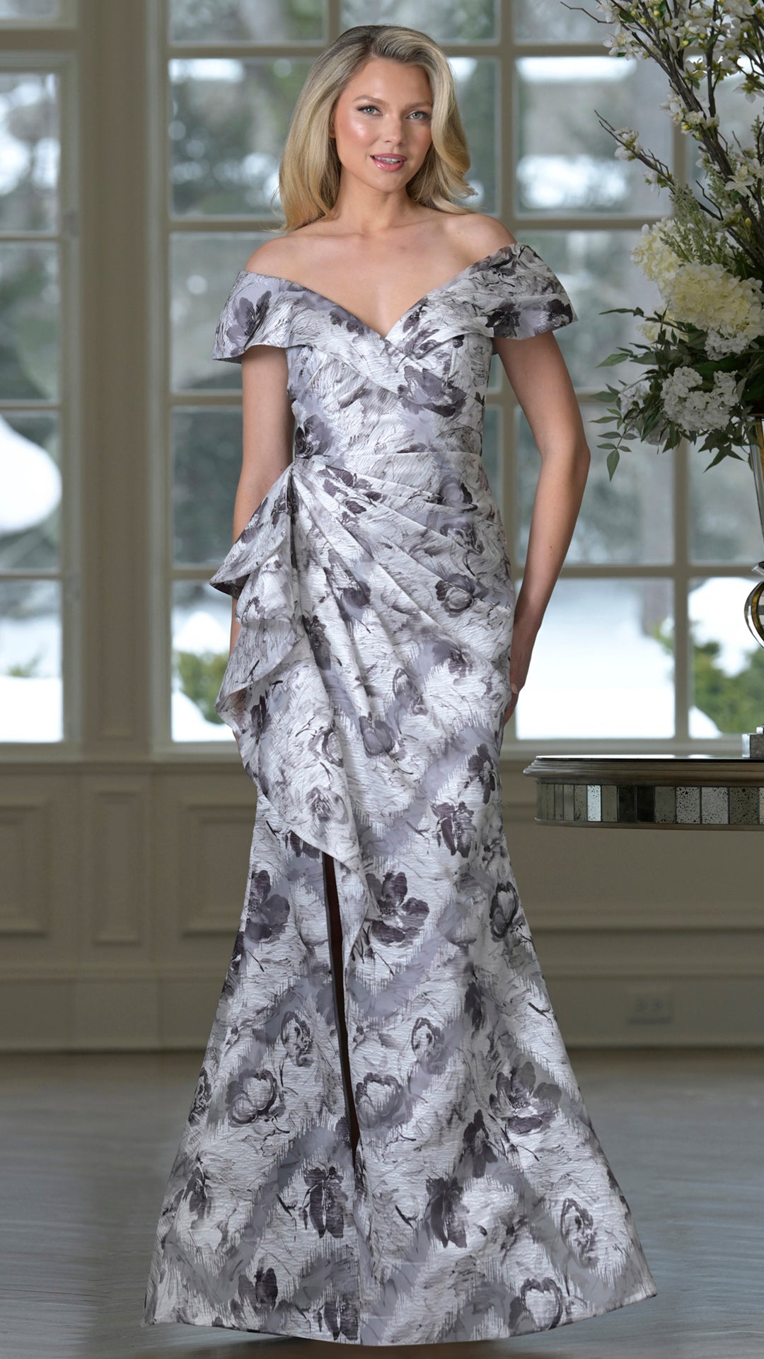 Rina Di Montella RD3518 Off-the-Shoulder Cap Sleeve Floor-Length Mother of the Bride Dress