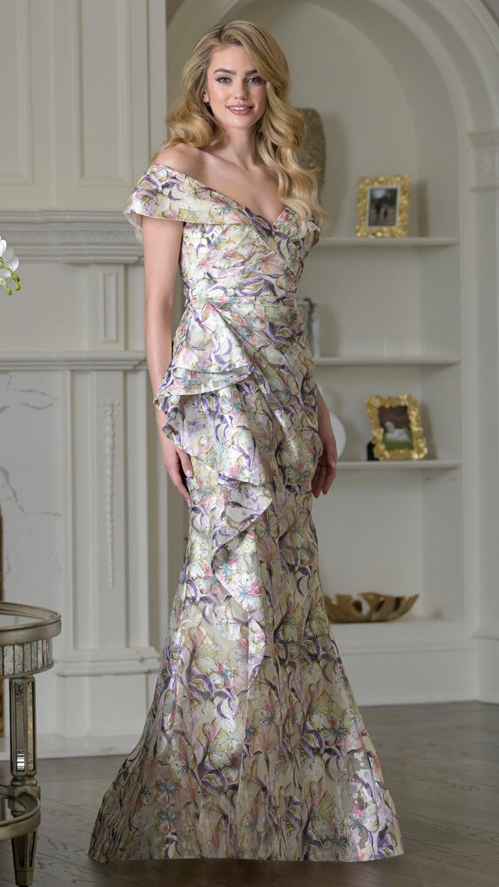 Rina Di Montella RD3518 Off-the-Shoulder Cap Sleeve Floor-Length Mother of the Bride Dress
