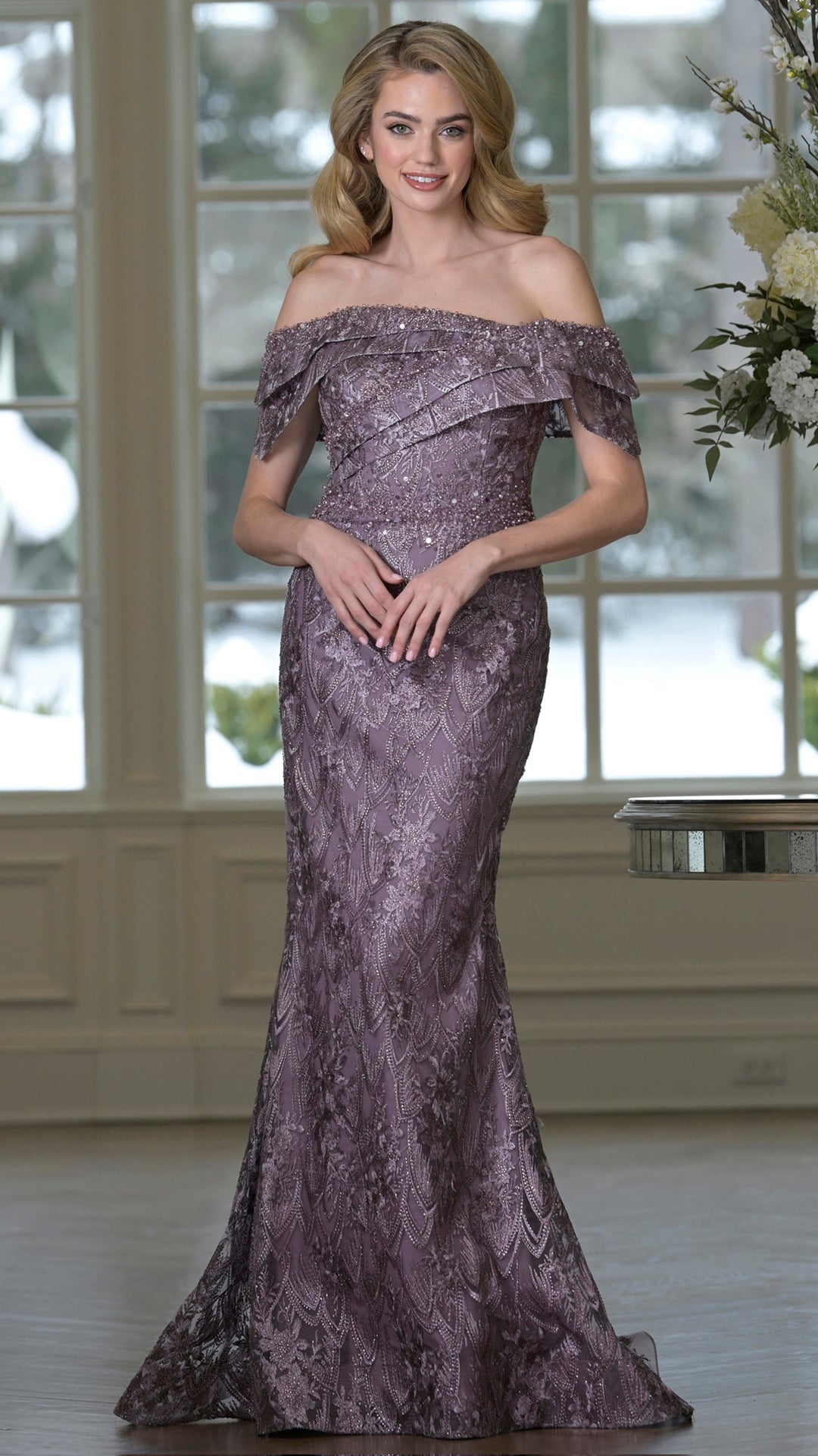 Rina Di Montella RD3531 Draped Cap Sleeve Fit-and-Flare Mother of the Bride Dress