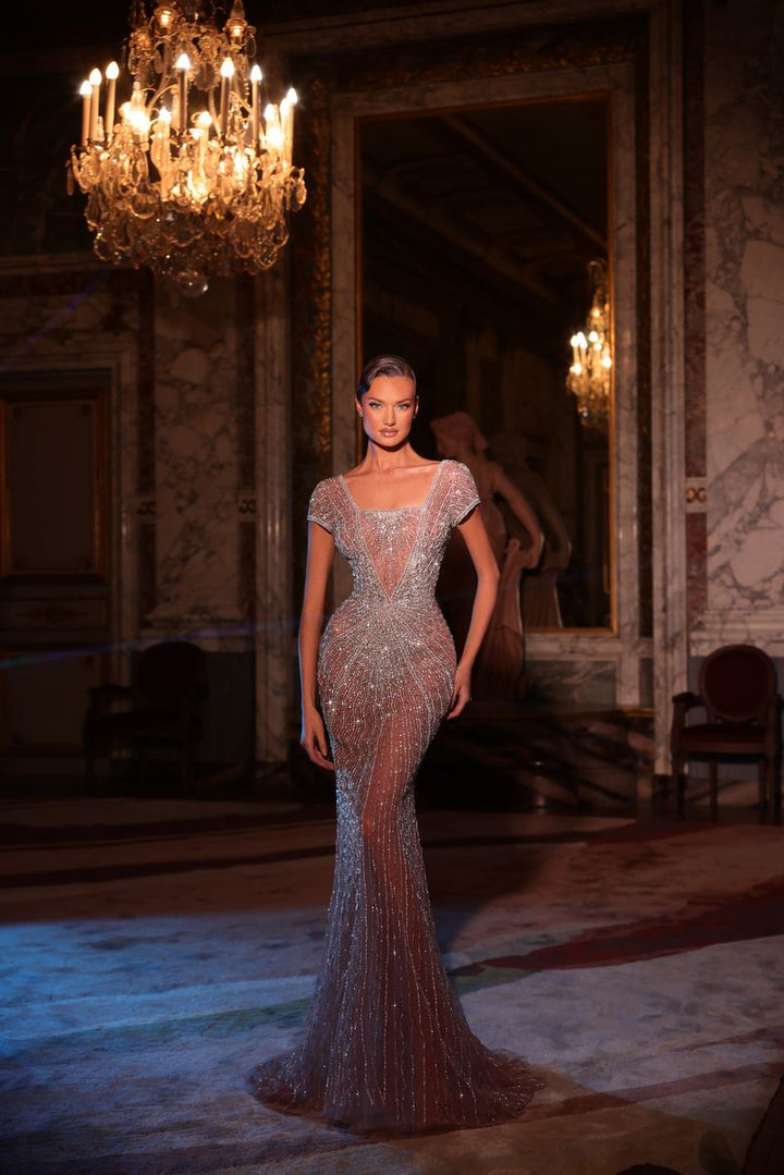 Chic & Holland HF110626 Square Neckline Cap Sleeves Plunging Illusion Beaded Sheath Couture Dress