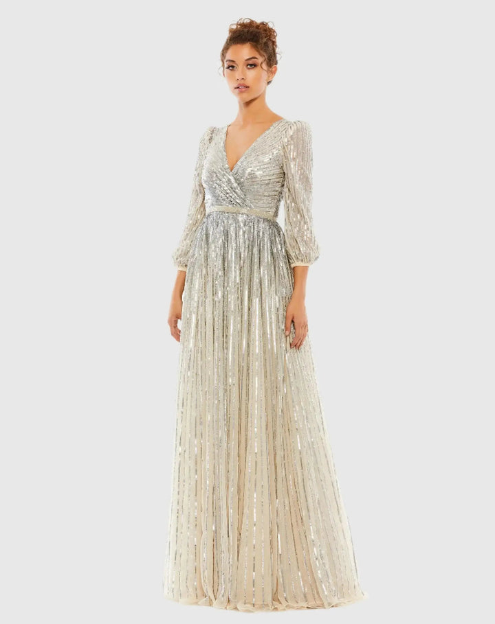 Mac Duggal 5509 Green Sequined Wrap Over 3/4 Sleeve Gown