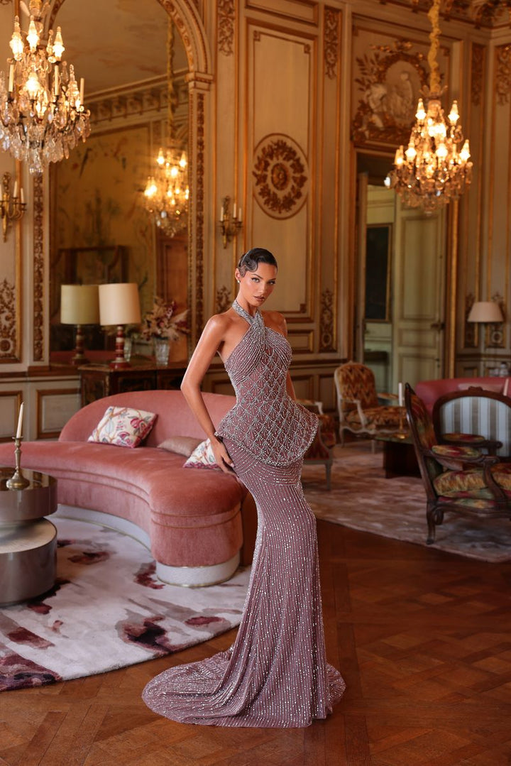 Chic & Holland HF110668 Halter Beaded Couture Dress
