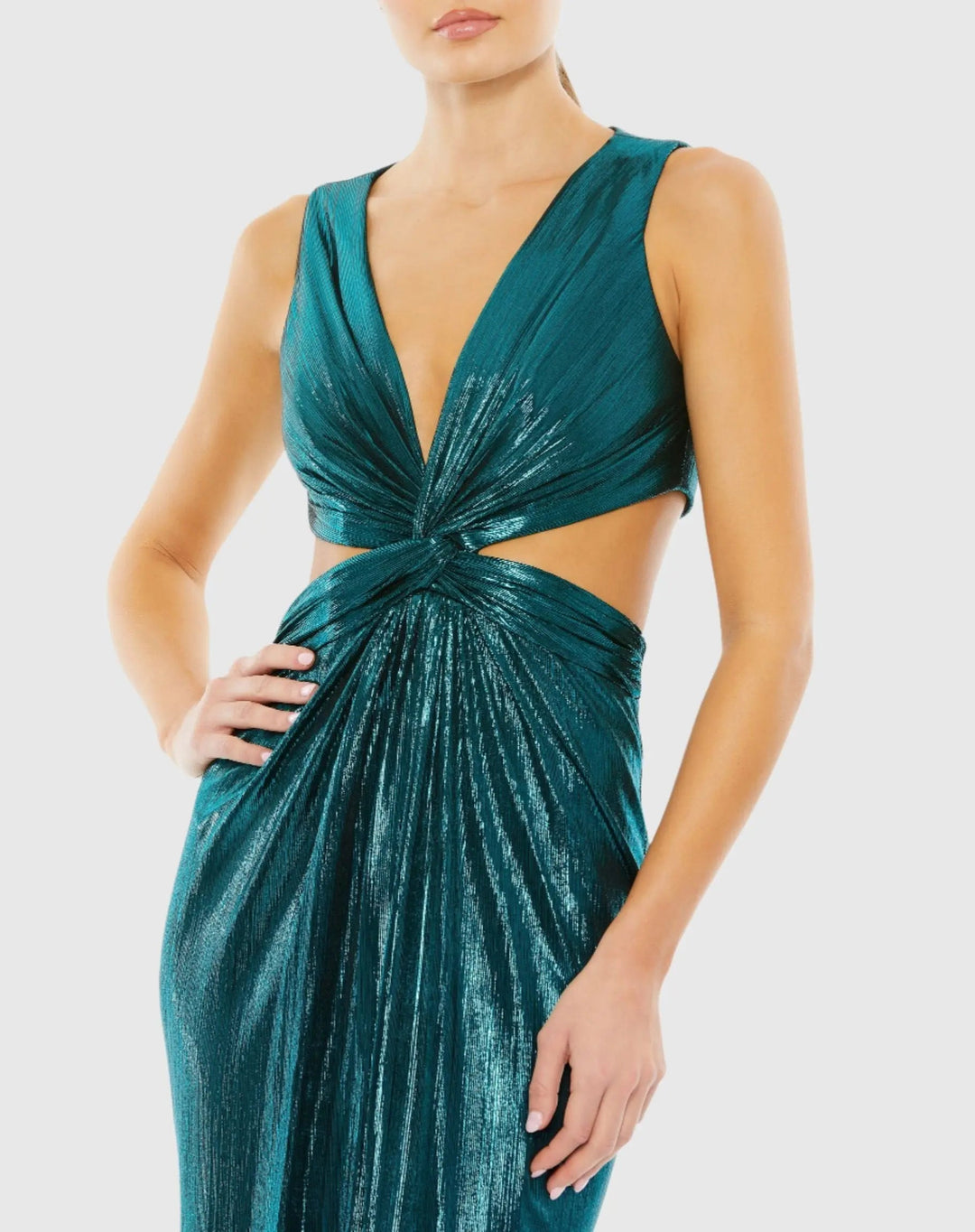Mac Duggal 26733 Metallic Cut Out Gown with High Slit