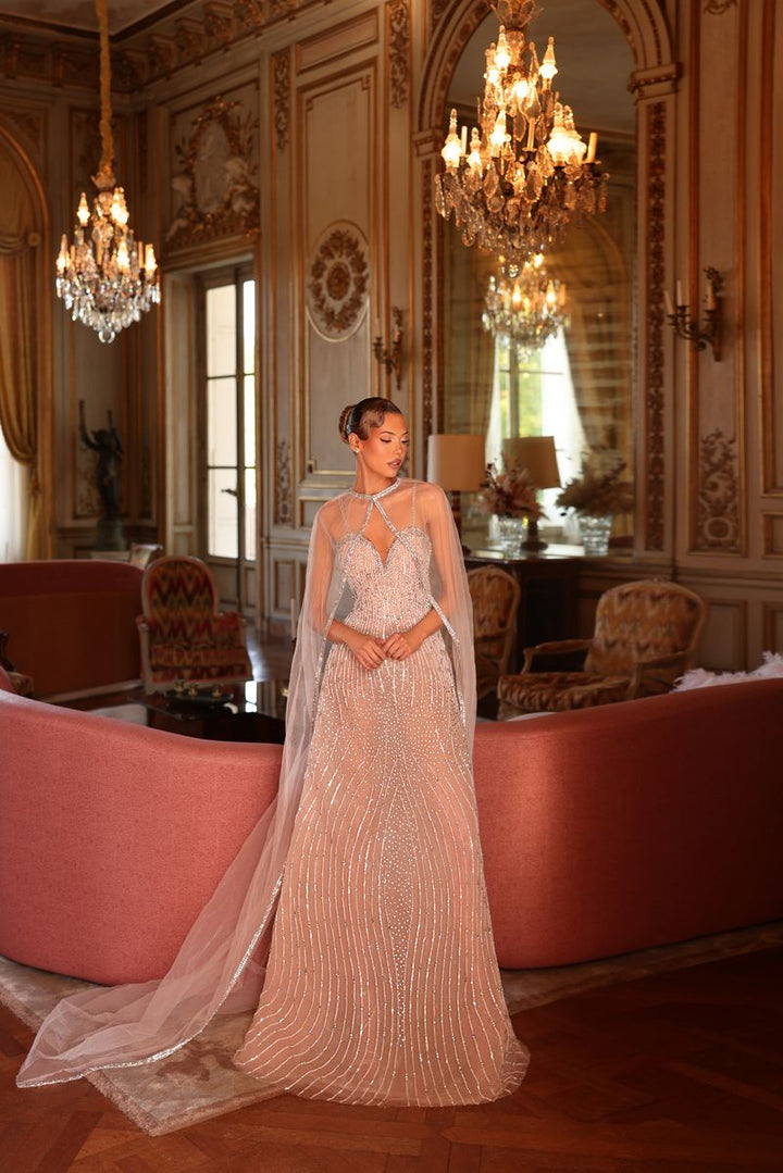Chic & Holland HF110610 Beaded Cape Couture Dress
