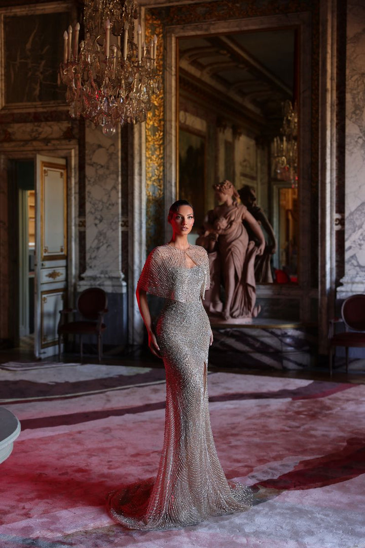 Chic & Holland HF110647 Strapless Linear Beaded High Slit Sheath Matching Cape Couture Dress
