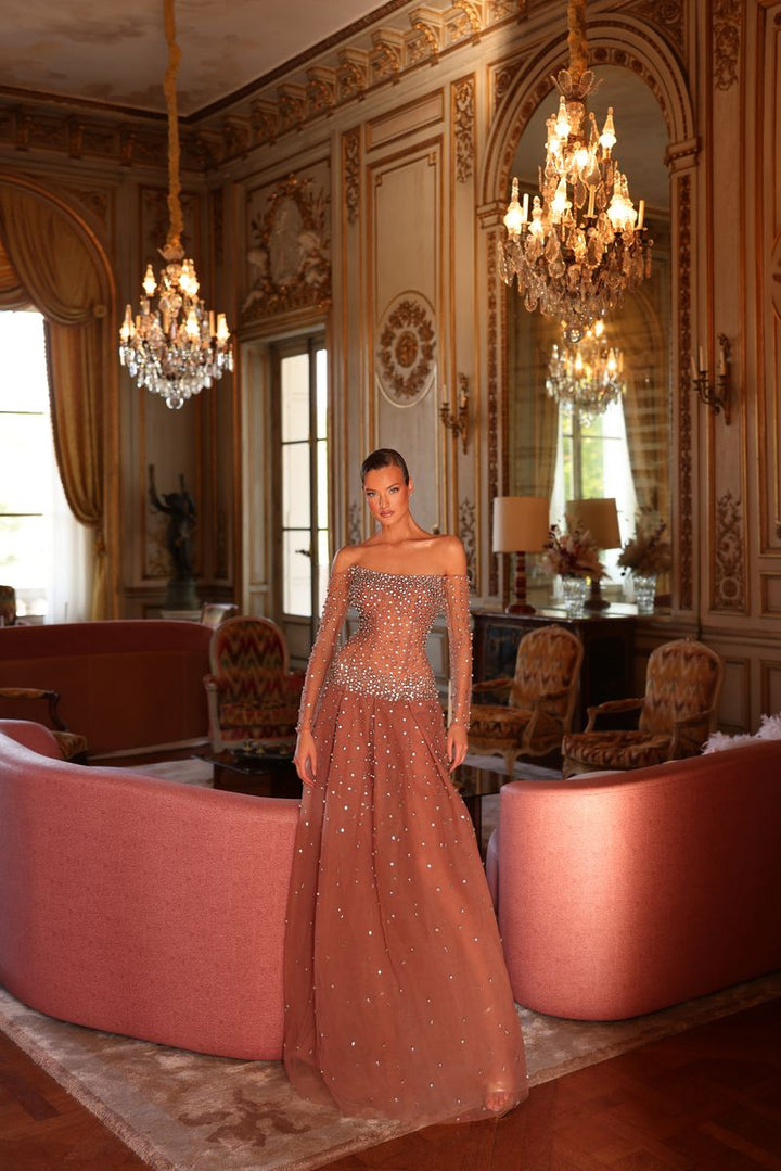 Chic & Holland HF110616 Off Shoulder Long Sleeves Sheer Illusion Beaded Bodice A Line Couture Dress