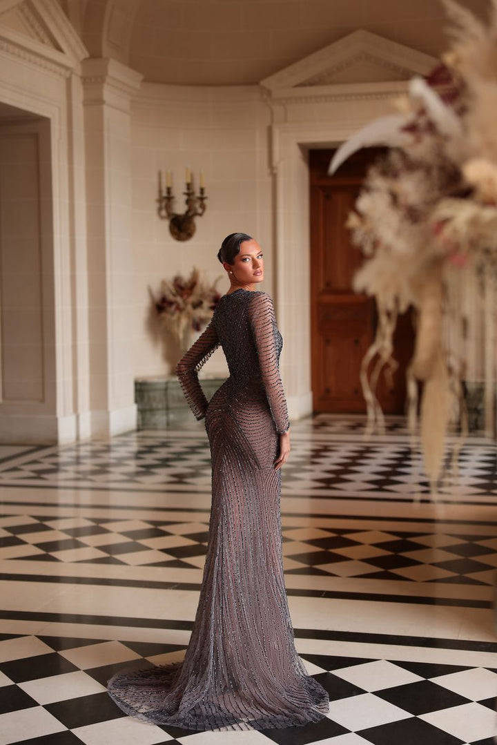 Chic & Holland HF110660 Long Sleeve Beaded Couture Dress