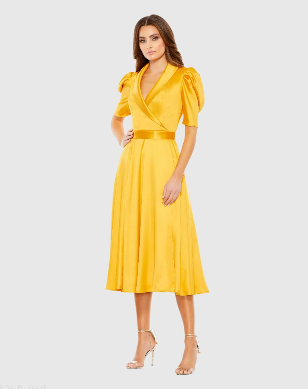 Mac Duggal 26628 Satin Lapel Puff Sleeve Tea Length Dress