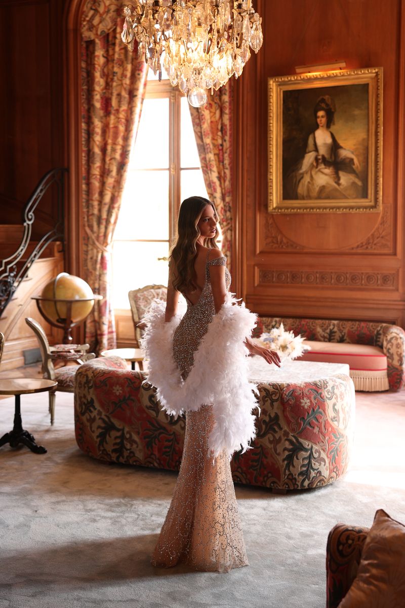 Chic & Holland EW990076 Off Shoulder Plunging V Neck Fully Beaded Feather Boa Evening Dress