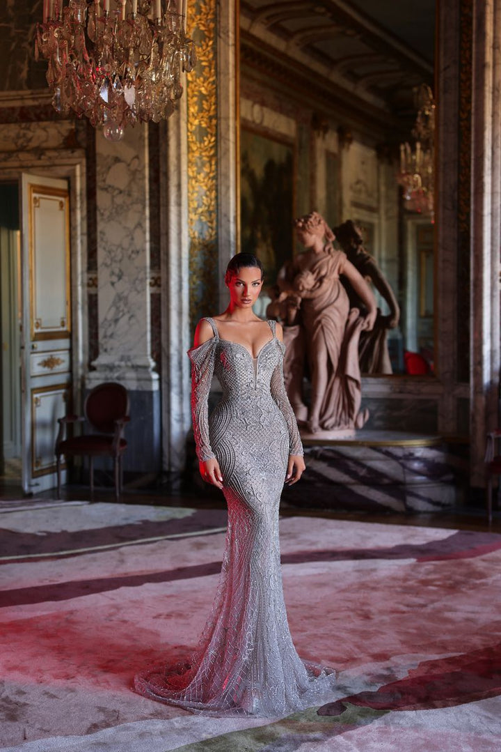 Chic & Holland HF110634 Cold Shoulder Plunging V Neck Baroque Linear Beaded Sheath Couture Dress