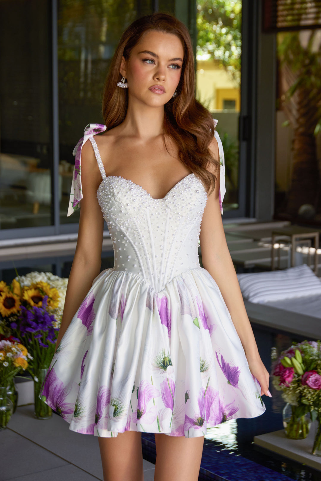 Ava Presley 42432 - Pearl Corset Floral Tie Strap Mini Dress - FOSTANI.com