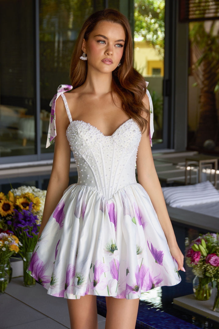 Ava Presley 42432 - Pearl Corset Floral Tie Strap Mini Dress - FOSTANI.com