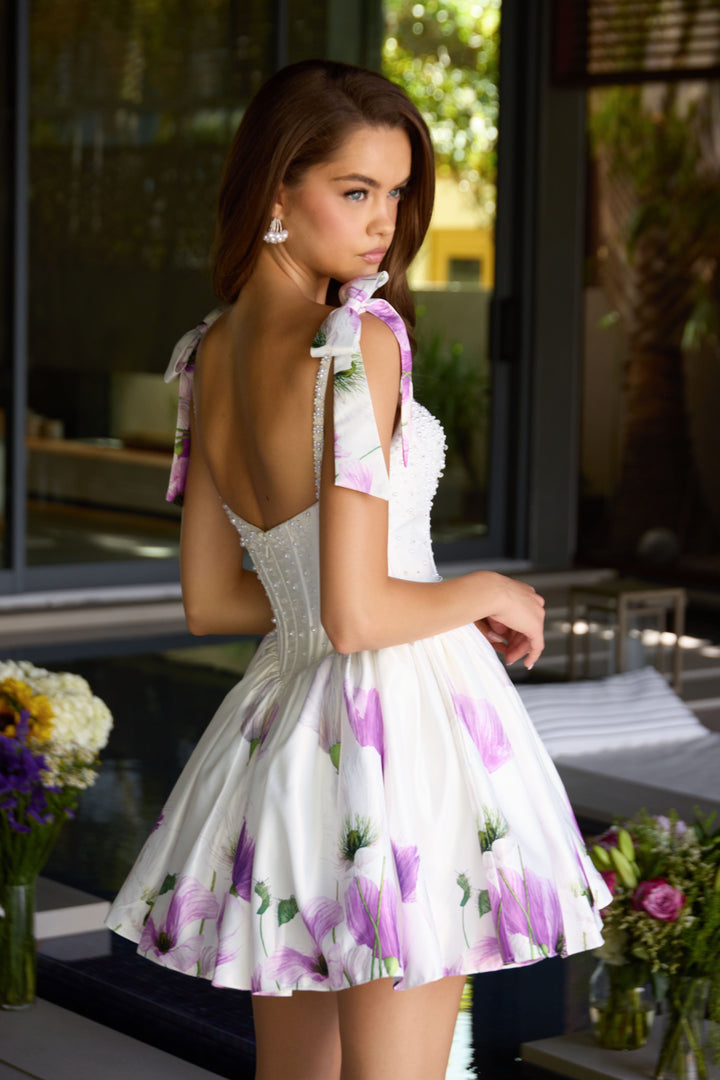Ava Presley 42432 - Pearl Corset Floral Tie Strap Mini Dress - FOSTANI.com