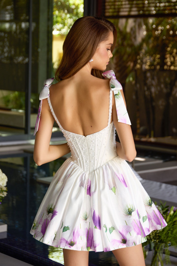 Ava Presley 42432 - Pearl Corset Floral Tie Strap Mini Dress - FOSTANI.com