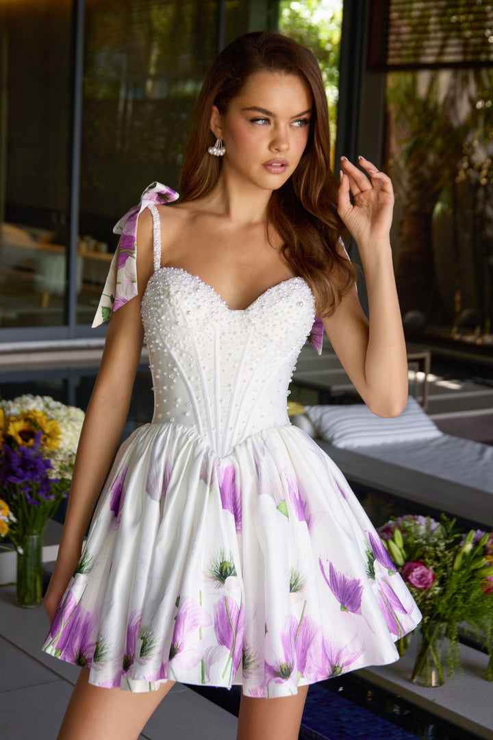 Ava Presley 42432 - Pearl Corset Floral Tie Strap Mini Dress - FOSTANI.com