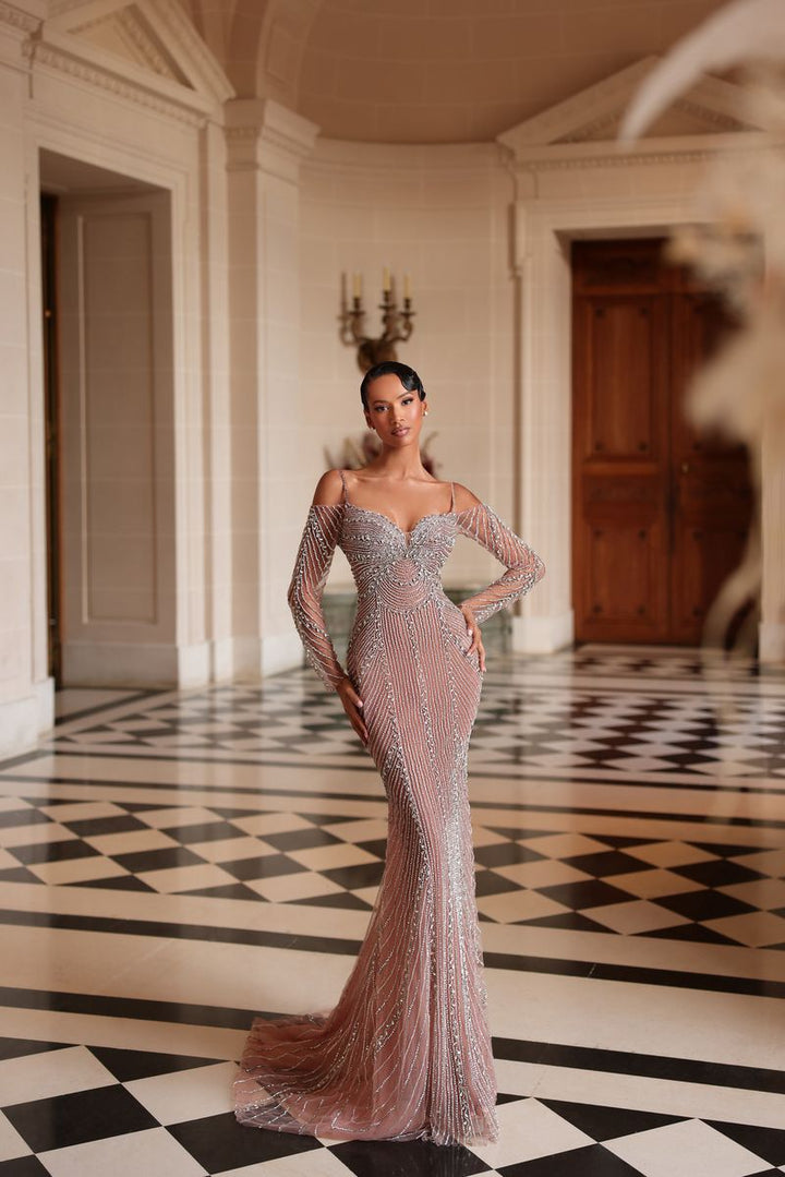 Chic & Holland HF110638 Cold Shoulder Sweetheart Neckline Long Sleeves Linear Beaded Sheath Couture Dress