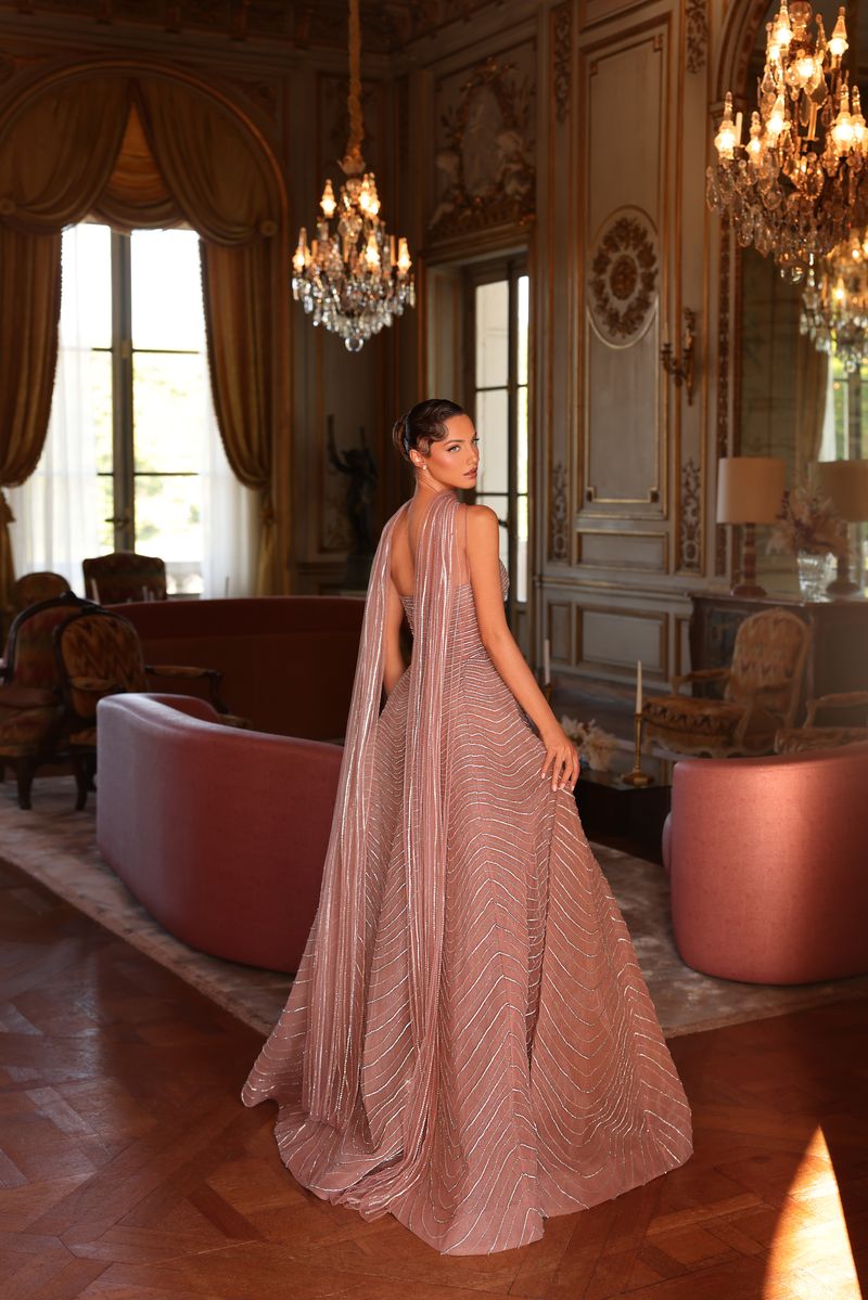 Chic & Holland HF110605 Strapless Sweetheart Wavy Linear Beaded Ball Gown Matching Scarf Couture Dress