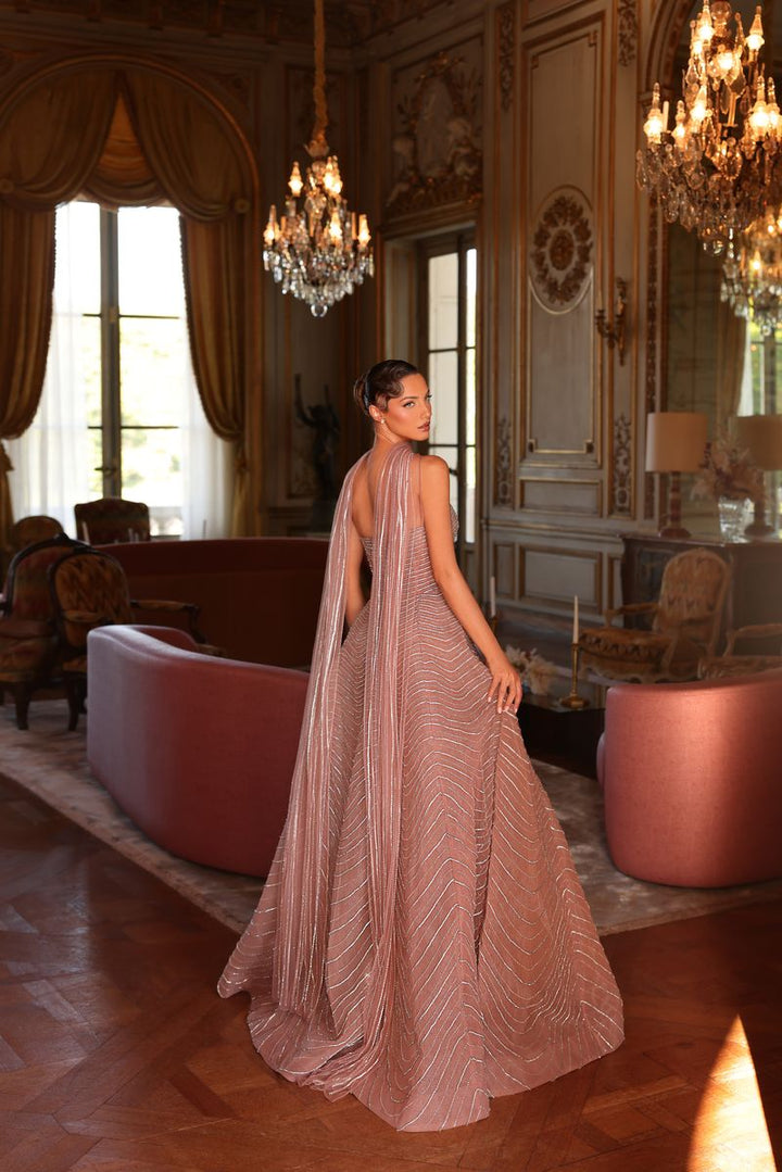 Chic & Holland HF110605 Strapless Sweetheart Wavy Linear Beaded Ball Gown Matching Scarf Couture Dress
