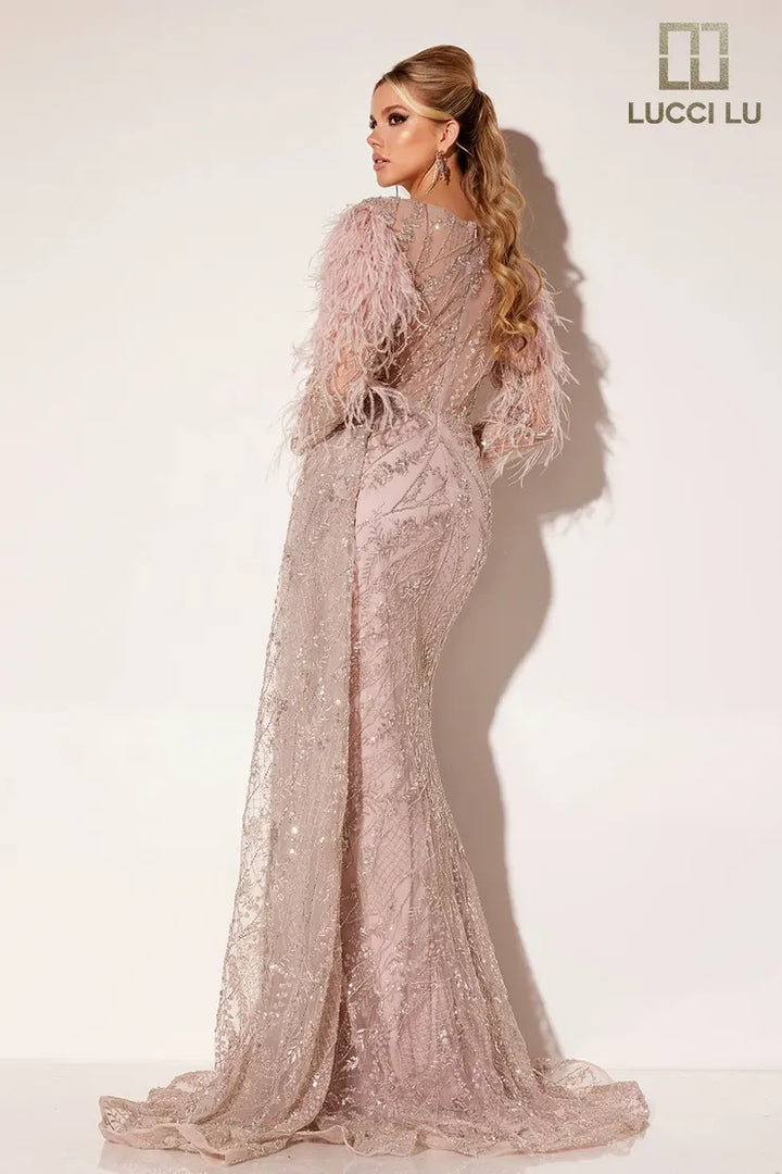 Lucci Lu C8082 Feathered Side Cape Mother of the Bride Dress