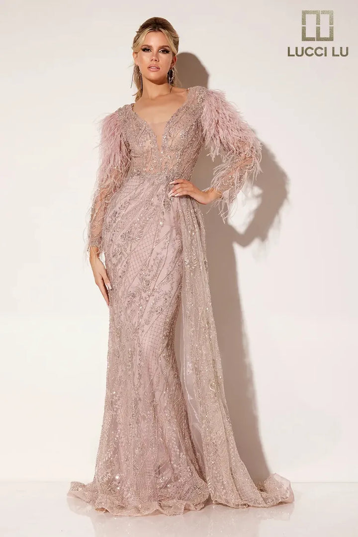 Lucci Lu C8082 Feathered Side Cape Mother of the Bride Dress