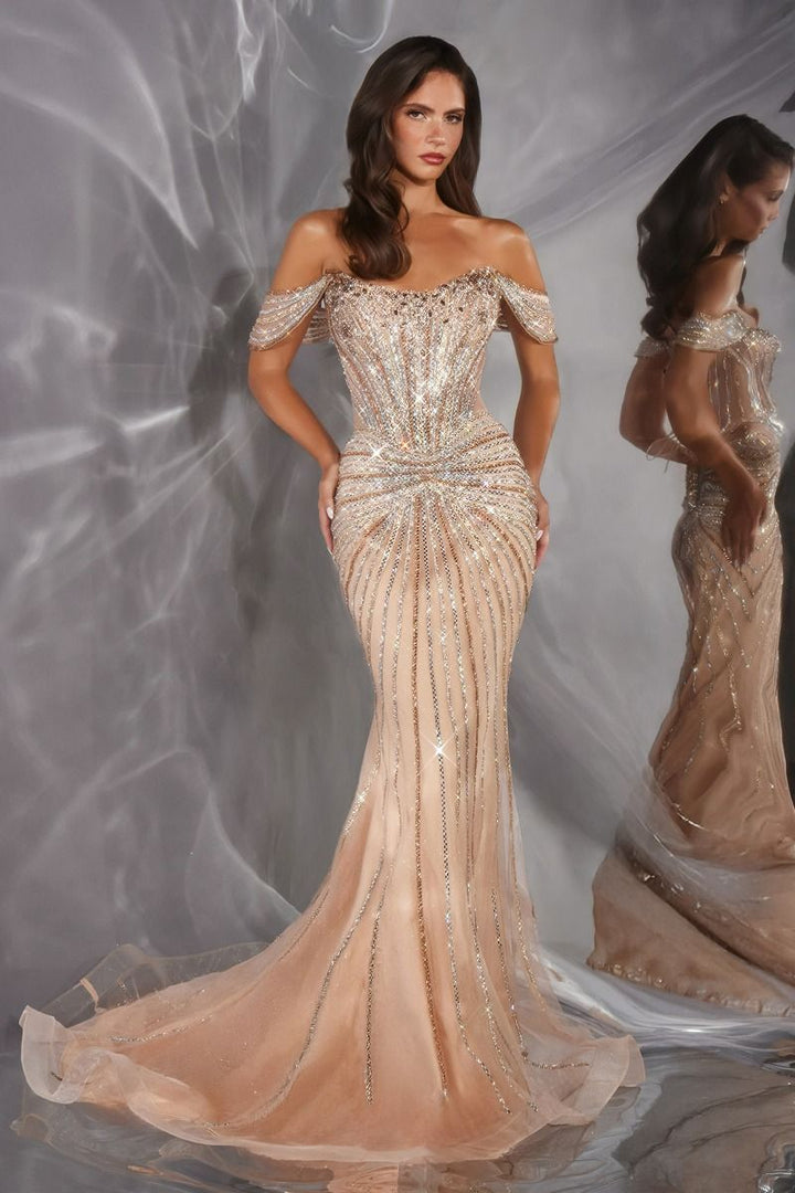 Ladivine CD654 Off Shoulder Fully Beaded Sheath Prom 2026 Dress