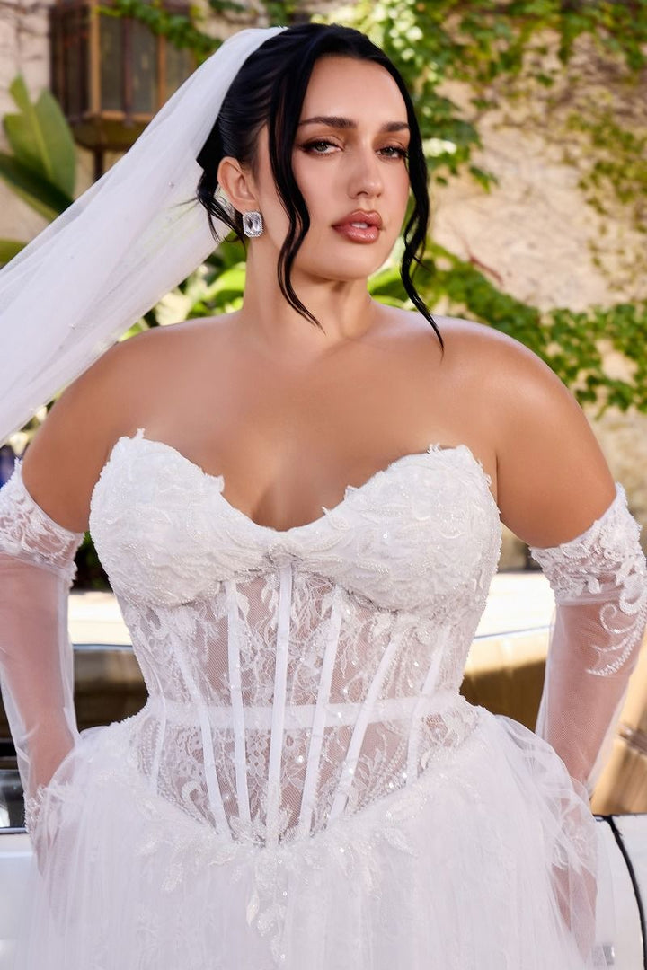 Ladivine CD717W Strapless Sweetheart Corset Ball Gown Dress with Detachable Illusion Sleeves Bridal Dress