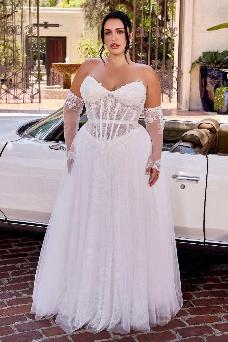 Ladivine CD717W Strapless Sweetheart Corset Ball Gown Dress with Detachable Illusion Sleeves Bridal Dress