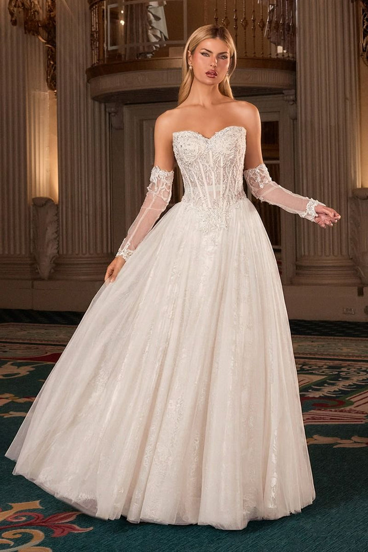 Ladivine CD717W Strapless Sweetheart Corset Ball Gown Dress with Detachable Illusion Sleeves Bridal Dress