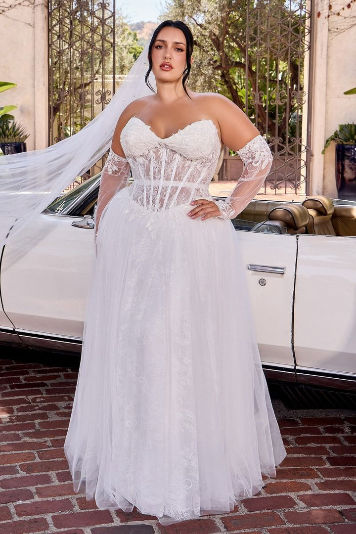 Ladivine CD717W Strapless Sweetheart Corset Ball Gown Dress with Detachable Illusion Sleeves Bridal Dress