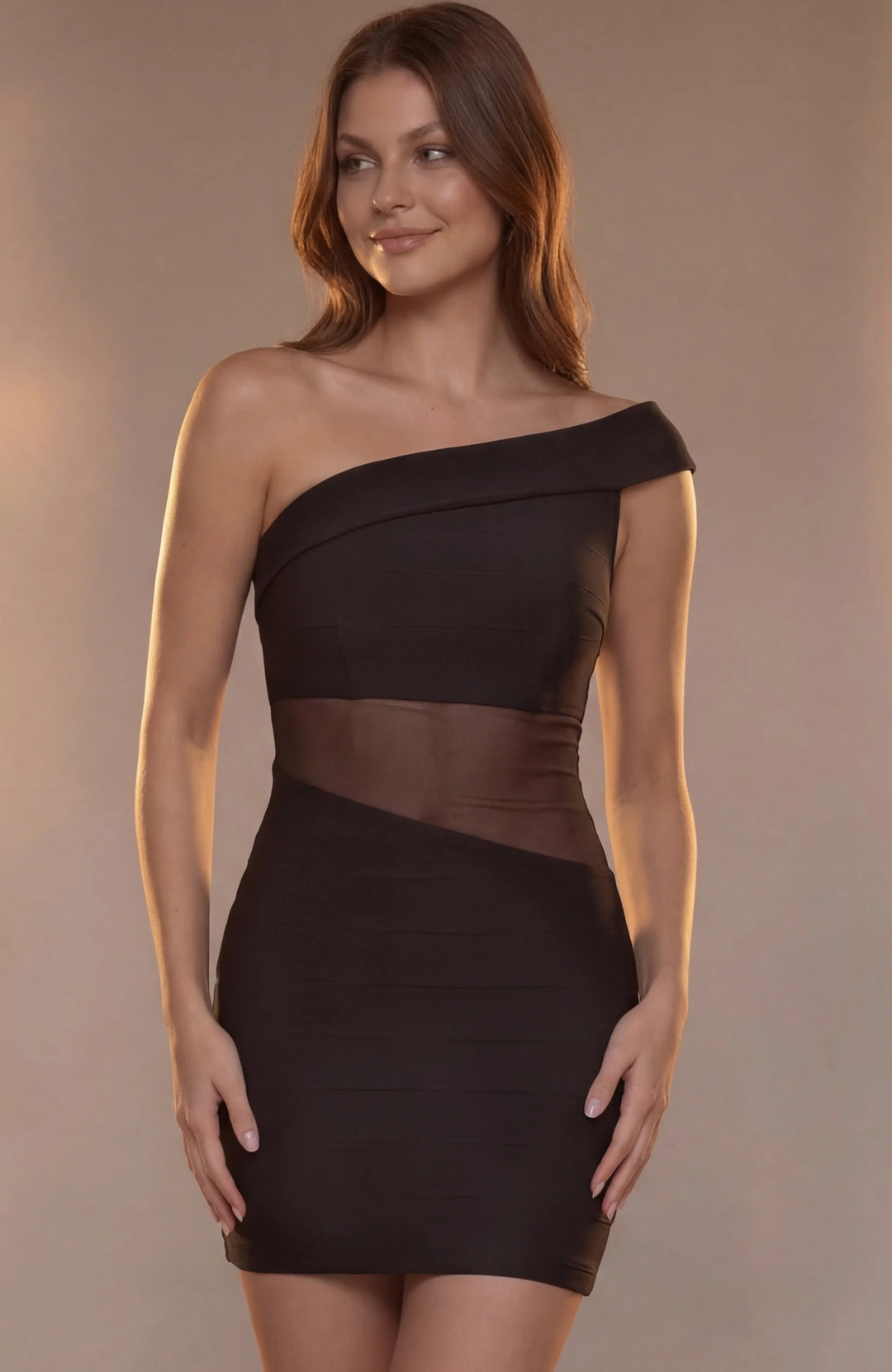 Jovani 51667 One Shoulder Mesh Cutout Bodycon Mini Dress - FOSTANI.com