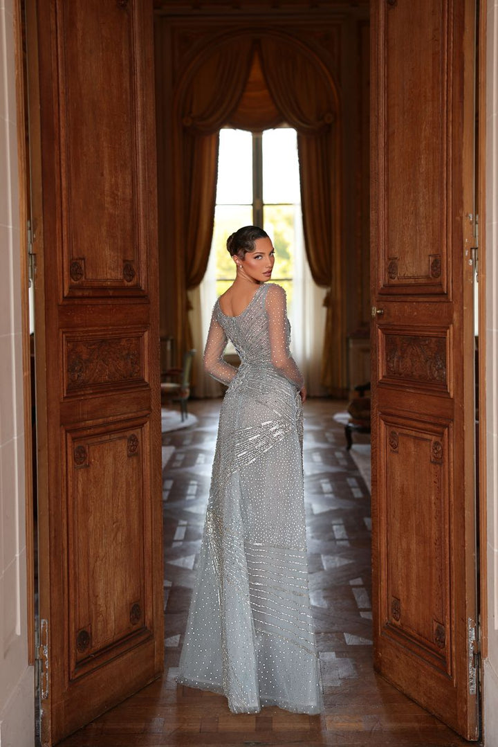 Chic & Holland HF110602 Square Neckline Long Sleeves Beaded Couture Dress