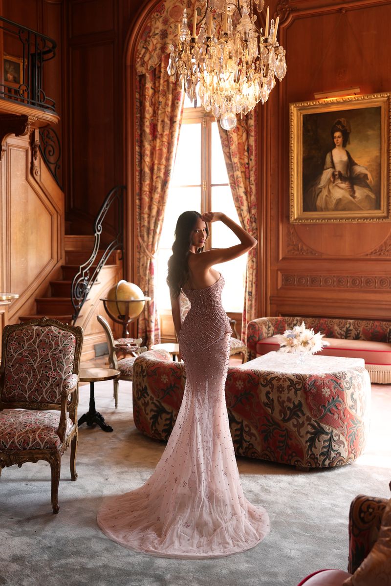 Chic & Holland EW990096 Strapless Straight across Beaded Sheath Evening Dress