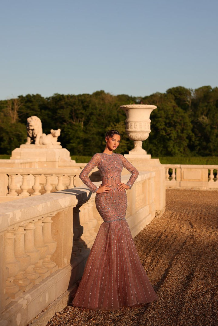 Chic & Holland HF110615 Crew Neckline Long Sleeves Beaded Mermaid Couture Dress