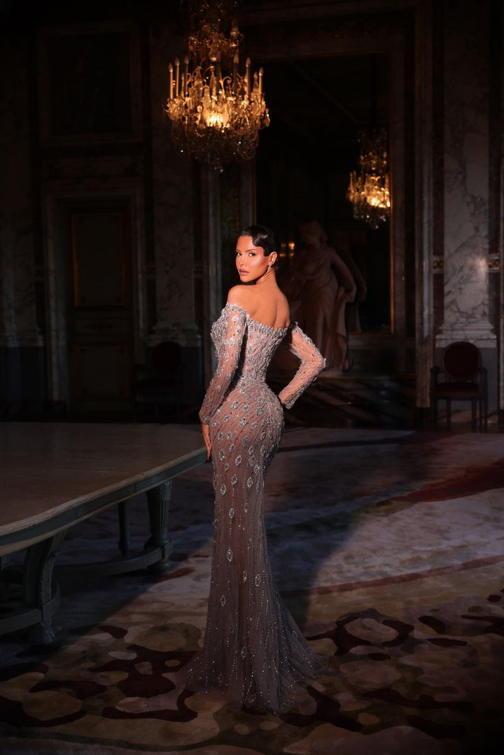 Chic & Holland HF110603 Off Shoulder Sweetheart Crystal Bodice Paisley Beaded High Slit Couture Dress
