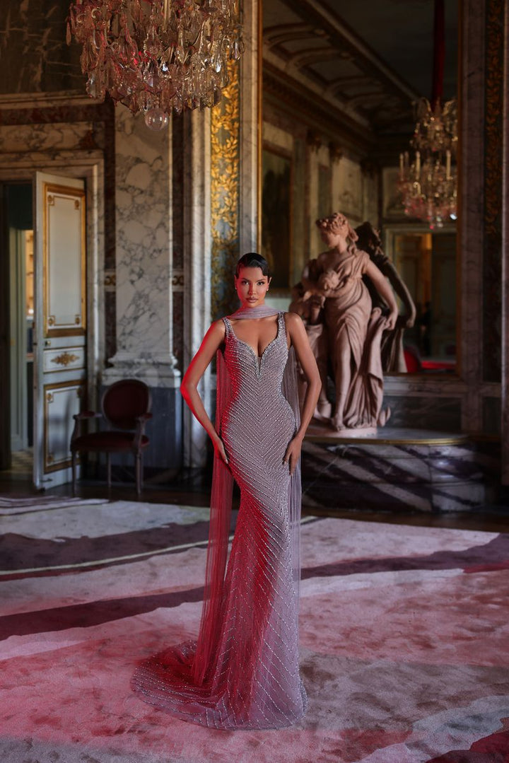 Chic & Holland HF110643 Plunging V Neck Fully Beaded Sheath Matching Shoulder Cape Couture Dress